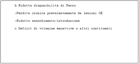 Casella di testo: 1. A. da ridotta produzione di Eritrociti o di Emoglobina
a. Produzione insufficiente di Epoietina
-Deficit assoluto di epoietina endogena (IRC)
-Def.relativo     (A.Infezione/Infiammazione)
b.Ridotta disponibilit di Ferro
-Perdita cronica prevalentemente da lesioni GE
-Ridotto assorbimento/introduzione
c.Deficit di vitamine emoattive o altri costituenti
      -Malnutrizione 
-Deficit di cobalamina o folati
      -Carenza di rame
d.Patologia della cellula staminale
      -Mielodisplasie
2.     A. da aumentata distruzione/perdita di Eritrociti 
-Anemie emolitiche
-Emorragie
3. A. multifattoriali
 
